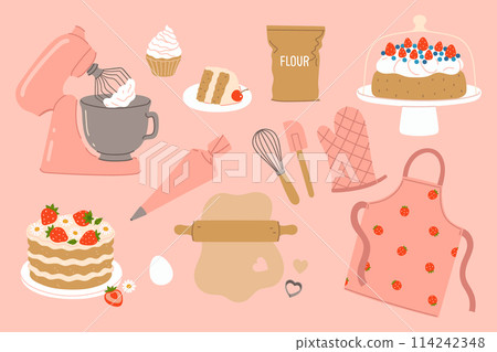 A set of various items for preparing confectionery products. Vector graphics. 114242348