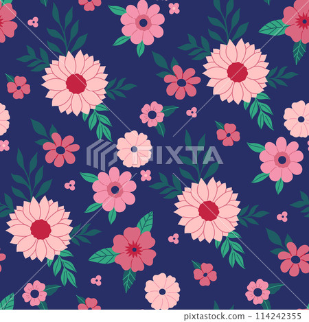 Seamless pattern of pink flowers on a blue background. Vector graphics. 114242355