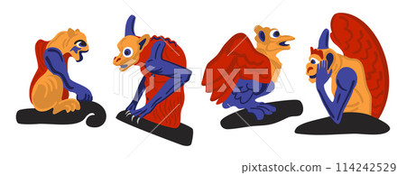Gargoyles. Gothic statues in Notre Dame Cathedral in Paris, fantasy medieval chimeras. Bright vector isolated illustration 114242529