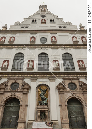Exterior architecture of St. Michael's Church (Michaelskirche Jesuit church) in Munich. 114242601