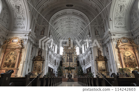 Interior architecture view of St. Michael's Church (Michaelskirche Jesuit church) in Munich. 114242603