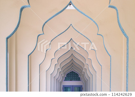 Interior diminishing perspective view of hallway along with gable partitions wall at Bang O mosque. Interior diminishing perspective view of hallway along with gable partitions wall at Bang O mosque. 114242629