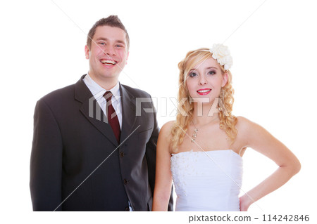 Happy groom and bride posing for marriage photo 114242846