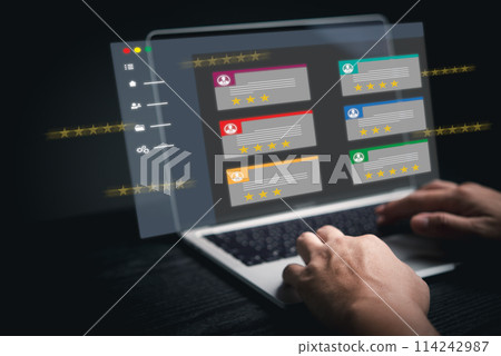 Businessman using laptop digital interface feedback review stars rating online internet survey assessment quality consumer or e-commerce service evaluation satisfaction 114242987