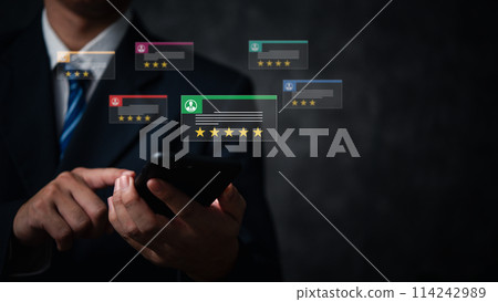 Review rating feedback customer service quality evaluation satisfaction internet online, virtual interface. Business man holding smartphone display application digital technology. 114242989