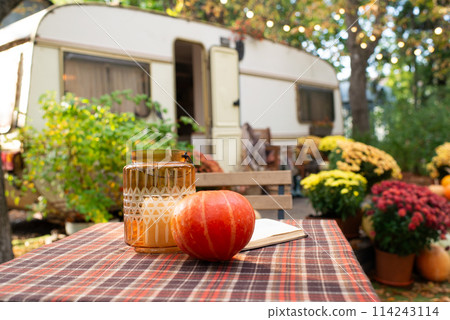 Pumpkin and decoration on garden table. Decorated garden with pumpkins and chrysanthemums. Pumpkin and decoration on garden table. Decorated garden with pumpkins and chrysanthemums. 114243114