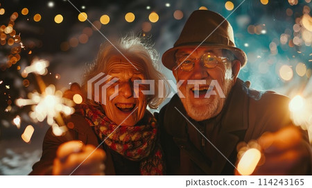 two old people having fun and enjoying New Year night together celebrating with sparklers and funny accessories - happy lifestyle 114243165