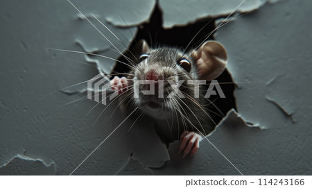 Rat in the hole of gray paper, little rodent crawls out through the craft background, funny animal. 114243166