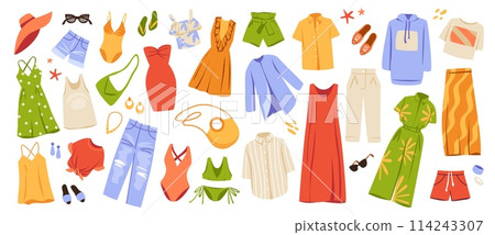 Summer cloth. Fashion garments. Casual dress, trousers and female bag. Cotton shirt and stylish bikini. Beach apparel for different travels. Trendy outfit. Vector summertime clothes set 114243307