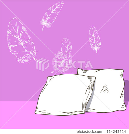 Pillow sketch. Bedroom soft cushions heap. Flying feathers. Outline comfortable bedding. Nighttime home sleep. Domestic bedtime relaxation. Cotton pillowcase. Sweet dream vector card Pillow sketch. Bedroom soft cushions heap. Flying feathers. Outline comfortable bedding. Nighttime home sleep. Domestic bedtime relaxation. Cotton pillowcase. Sweet dream vector card 114243314