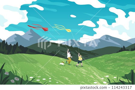 Forest background. Children fly kite into sky. Flying toy. Kids play game. Mountains and clouds. Grassland flowers. Hill scenery of outing travel. Running boys. Vector nature landscape 114243317