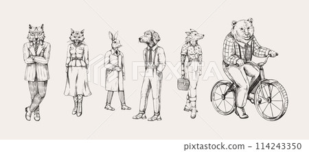 Animal sketch. Mammal character. Rabbit and ox in clothes. Anthropomorphic bear on bike. Hand drawn art. Bicycle wheel and toys. Cat in dress and shoes. Male dog. Vector portraits set 114243350