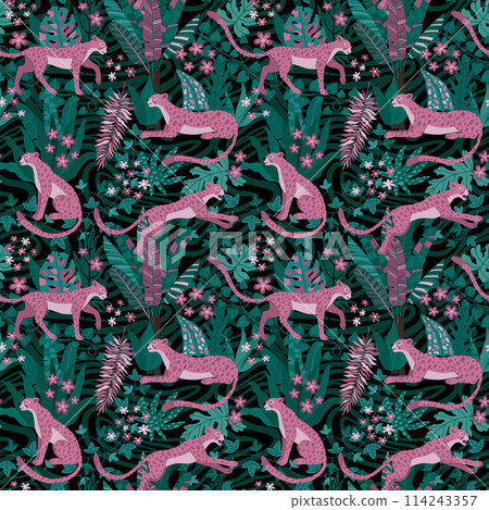 Tropic pattern. Jungle animal print with african leopard or tiger, safari plant leaf and flowers, fashion pink jaguar. Decor textile, wrapping paper, wallpaper. Vector seamless background Tropic pattern. Jungle animal print with african leopard or tiger, safari plant leaf and flowers, fashion pink jaguar. Decor textile, wrapping paper, wallpaper. Vector seamless background 114243357