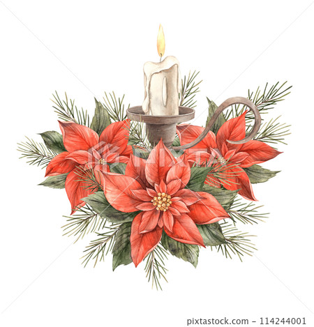 Poinsettia, fir branch, candle in a copper candlestick. Watercolor illustration in vintage style. Floral and plant trend. Drawing for invitations, cards, banners, wrapping paper, wallpaper, decor 114244001