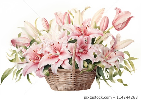 Watercolor of lilly flower basket on white background by Generative AI 114244268