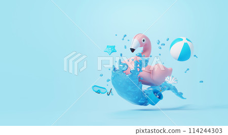 Pink inflatable flamingo and blue beach ball floating in the water. 3D rendering. 114244303