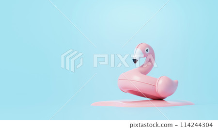 Pink Inflatable flamingo pool float on blue background. Summer pool party concept. 3D render. Pink Inflatable flamingo pool float on blue background. Summer pool party concept. 3D render. 114244304