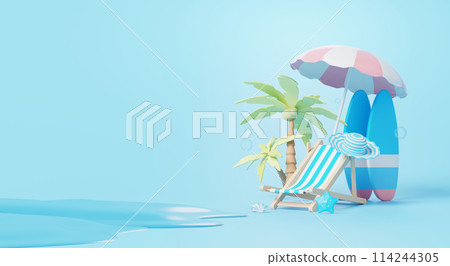 Beach scene with a blue ocean, coconut trees, and a beach chair. empty beach chair. 3D render. 114244305