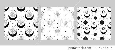 Seamless celestial pattern with crescent moon and sun and stars. Boho magic background 114244306