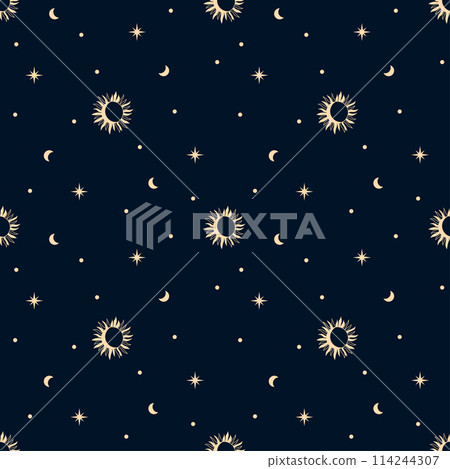 Seamless celestial pattern with crescent moon and sun and stars. Boho magic background 114244307