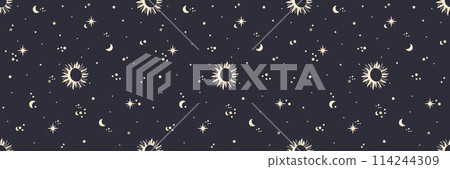 Seamless celestial pattern with crescent moon and sun and stars. Boho magic background 114244309