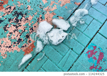 Colorful peeling paint floor background, texture of a multicolor old wall 114244325