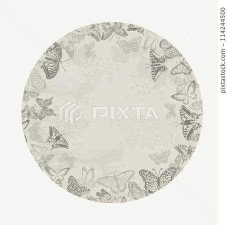 Background round frame with vintage beige butterflies. hand drawing. Not AI, Vector illustration 114244500