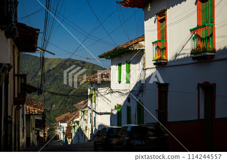 Beautiful streets at the historical downtown of the heritage town of Salamina located at the Caldas department in Colombia. Beautiful streets at the historical downtown of the heritage town of Salamina located at the Caldas department in Colombia. 114244557