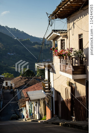 Beautiful streets at the historical downtown of the heritage town of Salamina located at the Caldas department in Colombia. 114244565