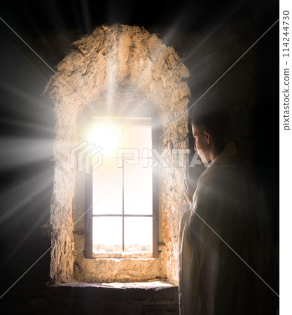Young girl at old window Young girl at old window 114244730