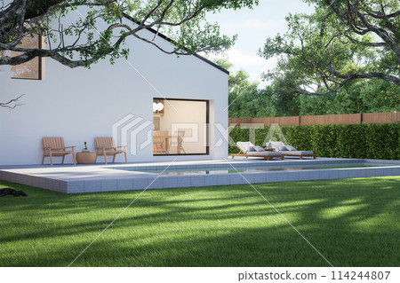 Minimal style white house with concrete tile swimming pool 3d render 114244807