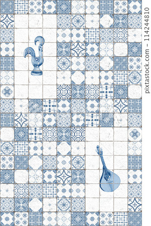 Seamless pattern with azulejo traditional portuguese ornament and simbols in watercolor.Square ceramic tiles in monochrome blue colors. For textiles,towels,napkins,aprons,on wallpaper,packaging,cards Seamless pattern with azulejo traditional portuguese ornament and simbols in watercolor.Square ceramic tiles in monochrome blue colors. For textiles,towels,napkins,aprons,on wallpaper,packaging,cards 114244810