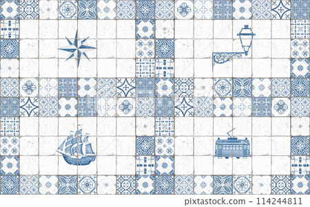 Watercolor seamless pattern with azulejo traditional portuguese ornament and symbols of portugal chipped and scratched.Square ceramic tiles in monochrome blue colors looks good on textiles,packaging Watercolor seamless pattern with azulejo traditional portuguese ornament and symbols of portugal chipped and scratched.Square ceramic tiles in monochrome blue colors looks good on textiles,packaging 114244811