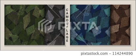 Seamless camouflage patterns with random scattered overlapping tulle pieces, patches. Mesh structure. Random composition. For apparel, fabric, textile, sport goods Grunge texture Seamless camouflage patterns with random scattered overlapping tulle pieces, patches. Mesh structure. Random composition. For apparel, fabric, textile, sport goods Grunge texture 114244890