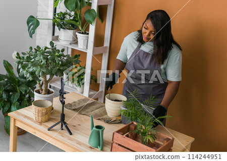African american florist blogger filming tutorial video about transplanting plants in home garden. Make video vlog with mobile phone 114244951