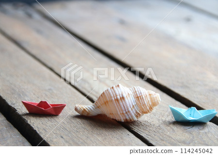 Summer background. Seashell on a wooden background. 114245042