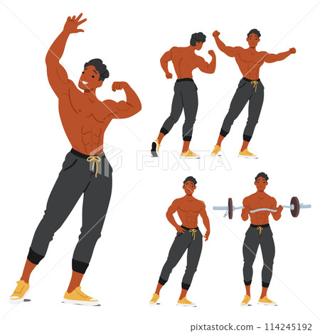 Muscular, Shirtless Black Man Confidently Flexes His Arms And Exercise With Weight, Showcasing His Physique Cartoon Set 114245192