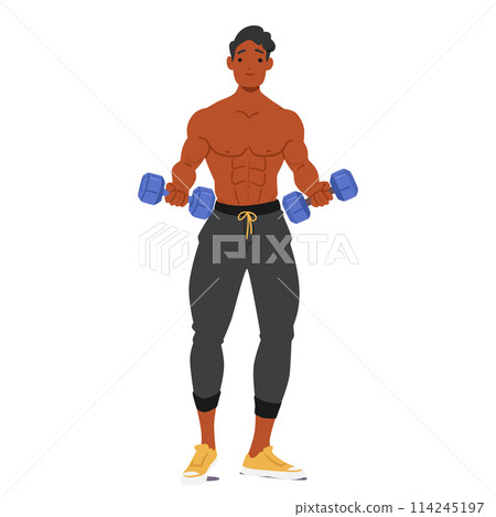 Muscular Bodybuilder Male Character Holding Dumbbells, Showcasing Their Toned Physique, Vector Illustration Muscular Bodybuilder Male Character Holding Dumbbells, Showcasing Their Toned Physique, Vector Illustration 114245197