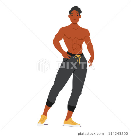 Man Bodybuilder With Muscular Physique And Defined Abs, Wearing Black Athletic Pants And Yellow Sneakers Man Bodybuilder With Muscular Physique And Defined Abs, Wearing Black Athletic Pants And Yellow Sneakers 114245200