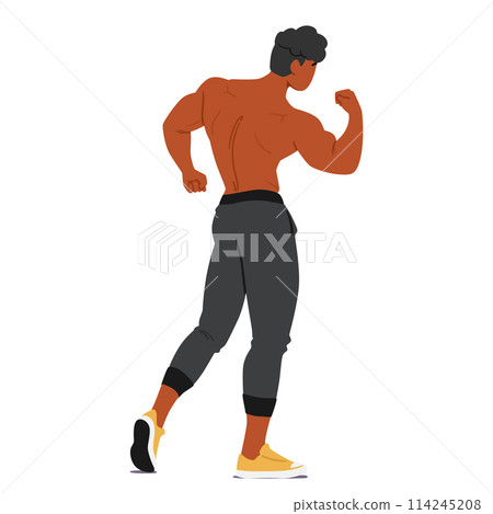 Muscular Bodybuilder Male Character From The Back, Flexing His Biceps, Showcasing Strength And Fitness, Vector 114245208