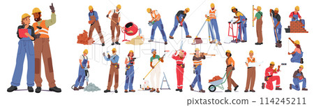 Diverse Group Of Builders Engaged In Construction Activities, Planning, Bricklaying, Painting, And Using Various Tools Diverse Group Of Builders Engaged In Construction Activities, Planning, Bricklaying, Painting, And Using Various Tools 114245211