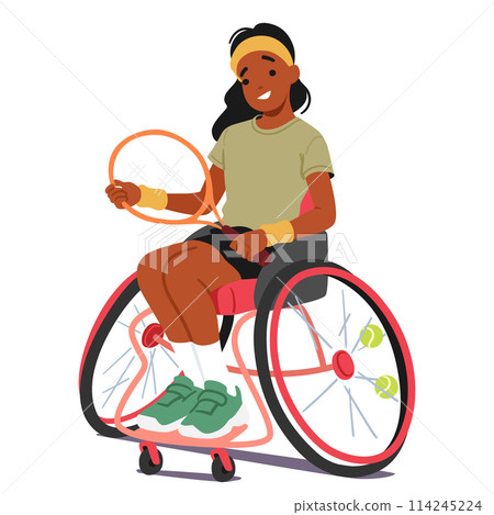 Smiling Black Handicapped Child Girl In A Wheelchair Playing Tennis. She Wears Athletic Clothing And Holds A Racket 114245224