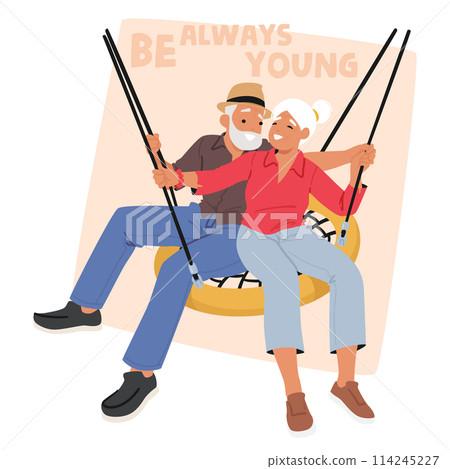 Joyful Senior Couple Male And Female Characters On A Swing Set Like Kids, They Holding Hands And Smile, Vector 114245227