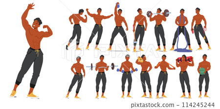 Happy, Muscular Bodybuilder Man Doing Exercises. Athlete Showcase Sculpted Physique Through Precise Poses, Vector Set 114245244