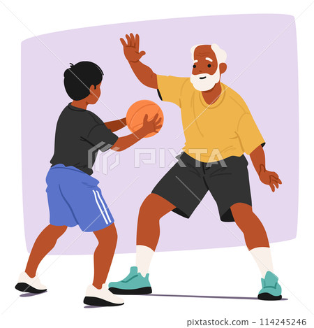 Senior Man And Young Boy In Playful Basketball Match, Concept of Intergenerational Connection And The Joy Of Sport Senior Man And Young Boy In Playful Basketball Match, Concept of Intergenerational Connection And The Joy Of Sport 114245246