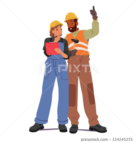 Male And Female Builder Characters In Hard Hats And Hi-vis Vests, Collaborating Over A Clipboard, Symbolizing Teamwork Male And Female Builder Characters In Hard Hats And Hi-vis Vests, Collaborating Over A Clipboard, Symbolizing Teamwork 114245255