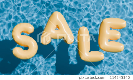 Summer sale banner. Yellow inflatable sale word in the pool. 3d render. 114245340