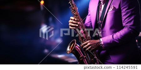 A black saxophonist playing jazz music. Close-up of a musician's hands elegantly holding a saxophone, focusing on the instrument and the details of his violet concert outfit A black saxophonist playing jazz music. Close-up of a musician's hands elegantly holding a saxophone, focusing on the instrument and the details of his violet concert outfit 114245591
