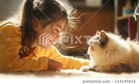 A smiling girl with Down syndrome enjoys tender moments with her pet cat. The concept of love for animals, the attitude of inclusive people towards animals, non-traditional methods of treatment 114245632