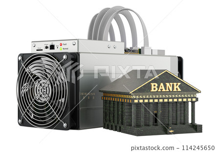 ASIC miner with bank building, 3D rendering 114245650